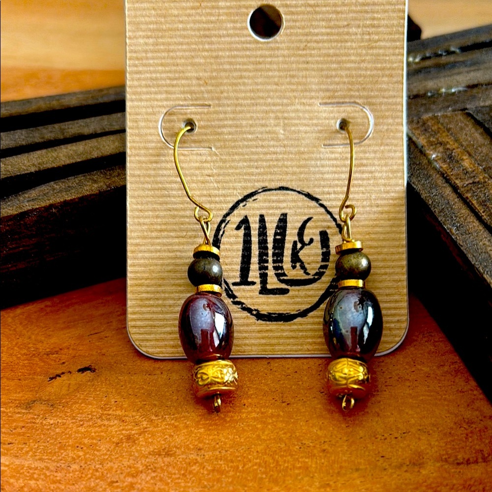 Elegant Gold and dark red Beaded Earrings 2”
